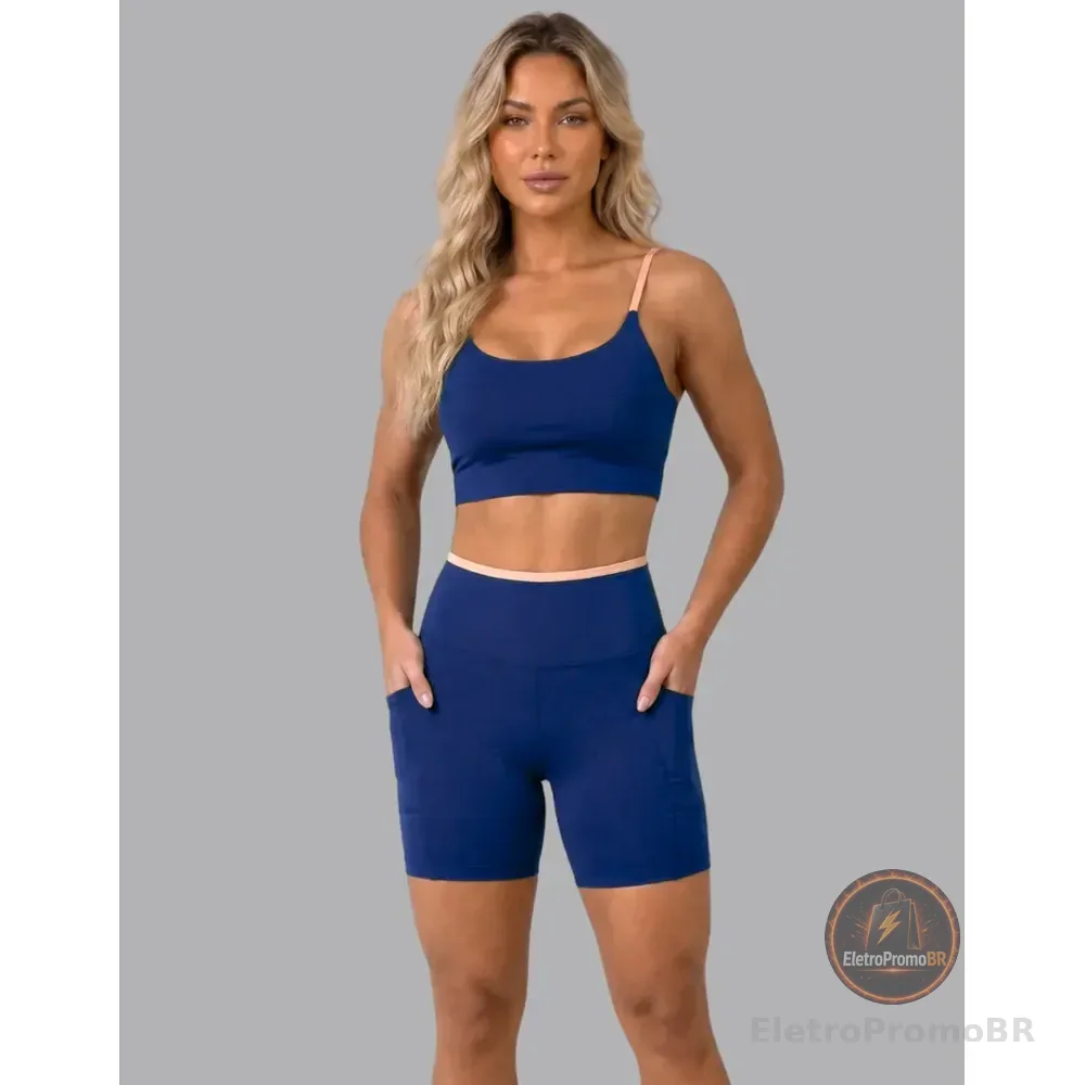 Conjunto Academia Fitness Top E Short Kit Zero Transparência Azul/areia Lisa M 38/40
