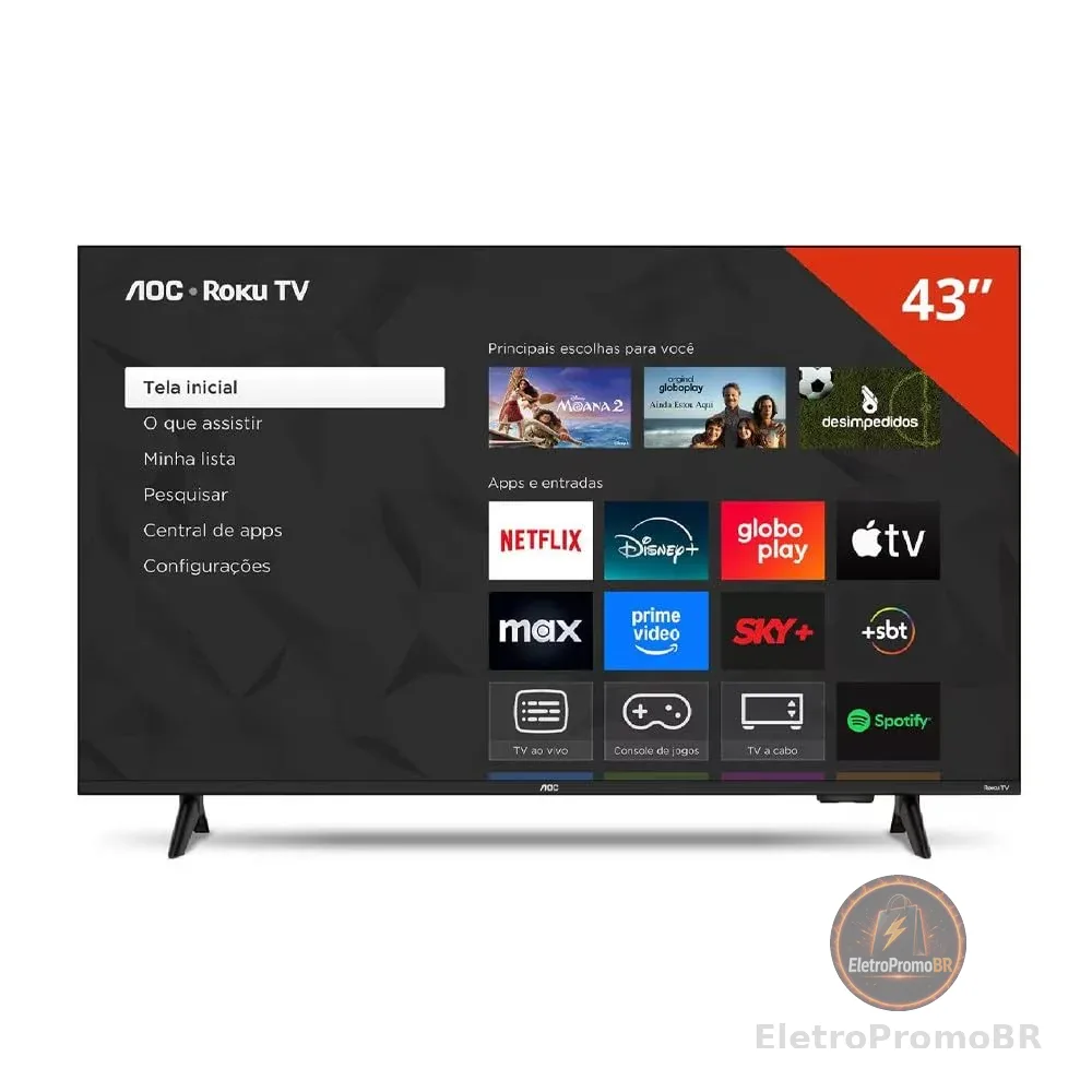 AOC Smart TV 43 Polegadas Full HD LED Roku TV 43S5155/78G, Wi-Fi, Dolby Audio, 3 HDMI, USB, Controle Remoto