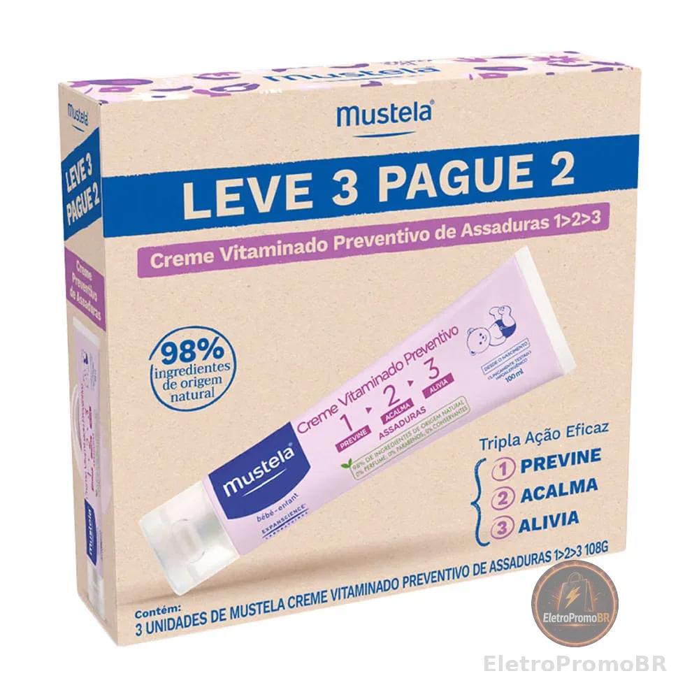 Kit Mustela Creme Vitaminado Preventivo de Assaduras 1 2 3 108g Leve 3 Pague 2