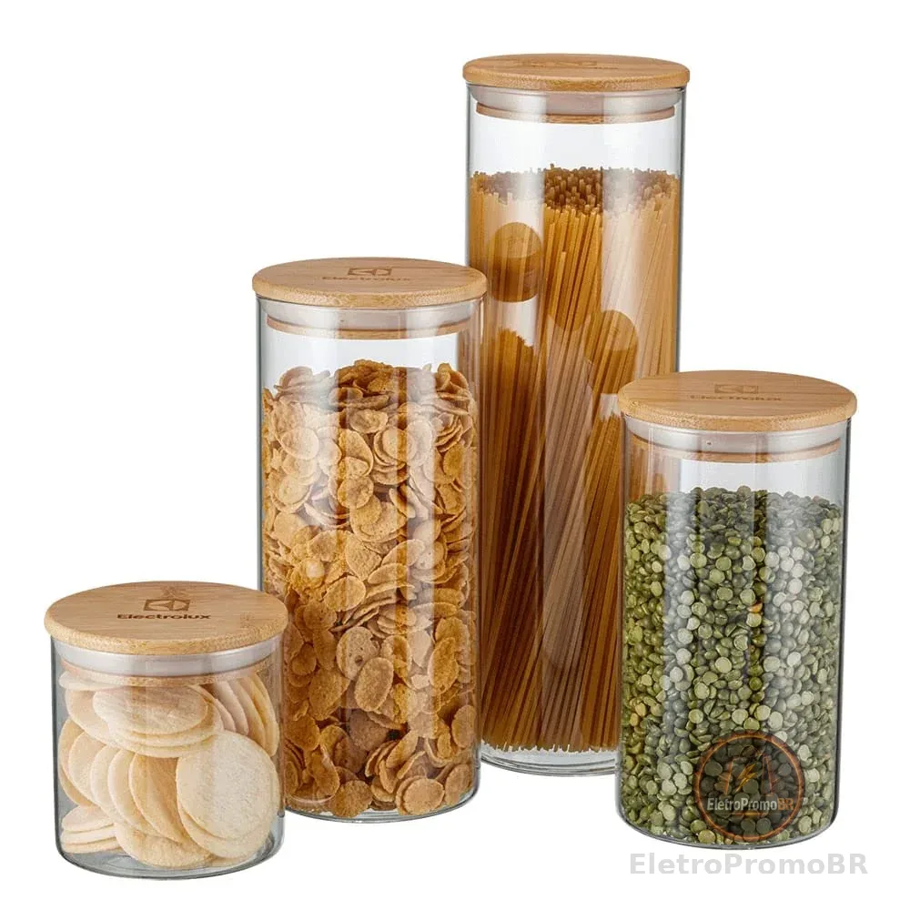 Electrolux Kit 4 Potes de Vidro Herméticos Porta-Mantimentos com Tampa de Bambu, Tampa Vedação de Silicone, Organizadores de Cozinha e Despensa, Transparente, Porta Alimentos, Grãos e Cereais