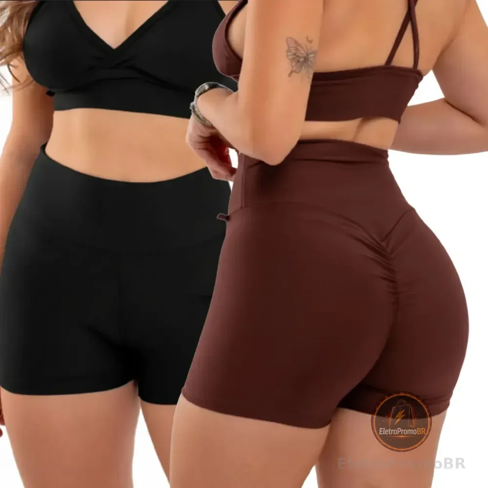 Kit 2 Shorts Fitness Feminino Empina Bumbum Cintura Alta Preto E Marrom Liso M