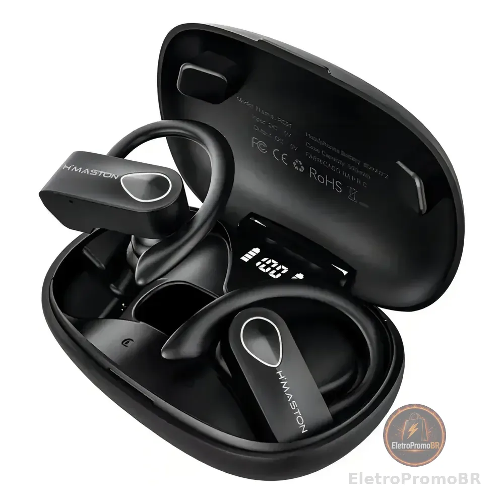H'maston Fone Sem Fio Bluetooth Esportivo 5.3wireless Com Led Rs52 Preto