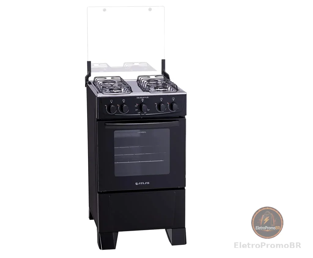 Fogão Atlas 4 bocas preto com forno limpa fácil Coliseum Plus - Forno 50l