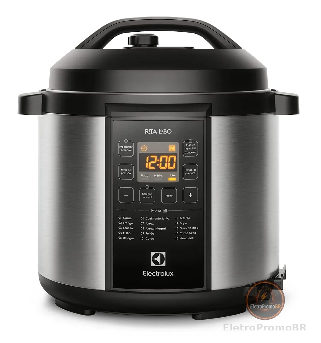 Electrolux Panela pressão elétrica Electrolux digital capacidade 6L silenciosa segura 10 travas segurança 15 receitas pré-programadas 3 níveis pressão PCC20 inox preto 127v por Rita Lobo