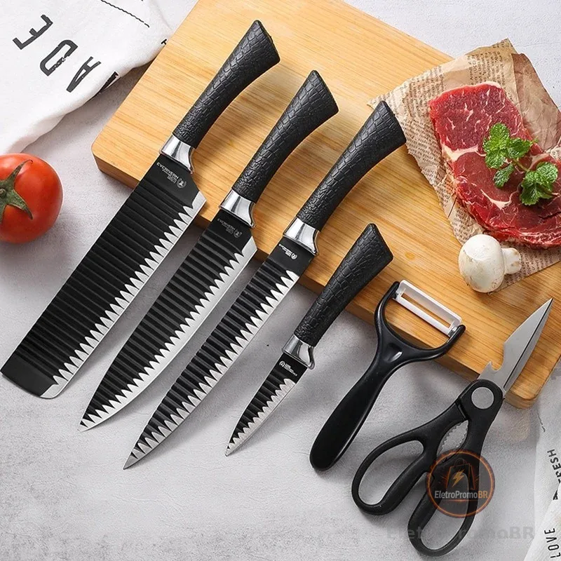 Kit 6 Peças Conjunto de Faca Carne Cutelo Legumes Aço Carbono Descascador Tesoura Profissional