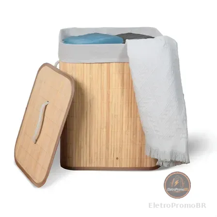Cesto De Roupa Suja De Bambu Com Tampa E Alças 50 Litros Kontuz Natural