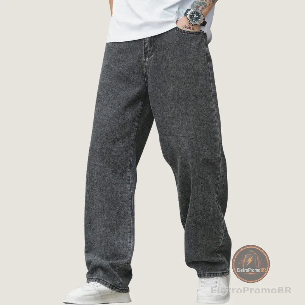 Calça Balão Jeans Masculina Grafite 100% Algodão Grosso Boca Larga Bag Streetwear Urbana Casual Moda Atual Tendência