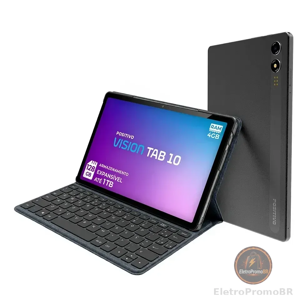 Positivo Vision Tab10 T3010 4gb Ram 128gb Ssd Com Capa Teclado Octa-core 5 13mp Bateria 6000mah Tela 10.1 Hd Wifi Ac E 4g Full Lamination - Preto