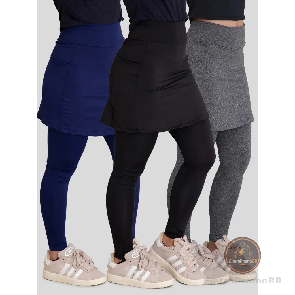Kit com 3 Calças Leggings Saia com Bolsos Moda Evangelica Feminina
