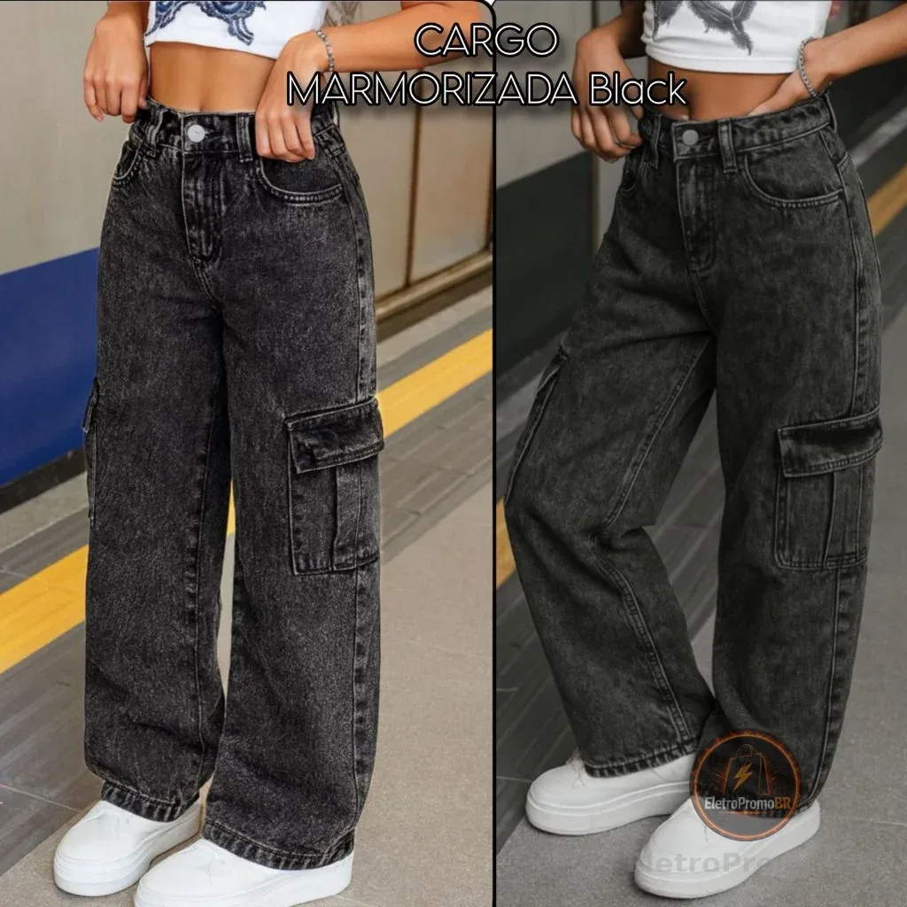 Calça Jeans Infantil  Wide Leg Cargo Black Juvenil 6 ao 14  ALTO PADRÃO LINHA PREMIUM