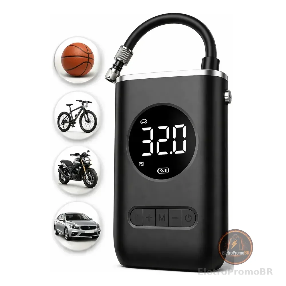 Mini Compressor Bomba Encher Pneu Carro Bicicleta Moto Eletrica Bola Portatil Digital Preto 127/220v