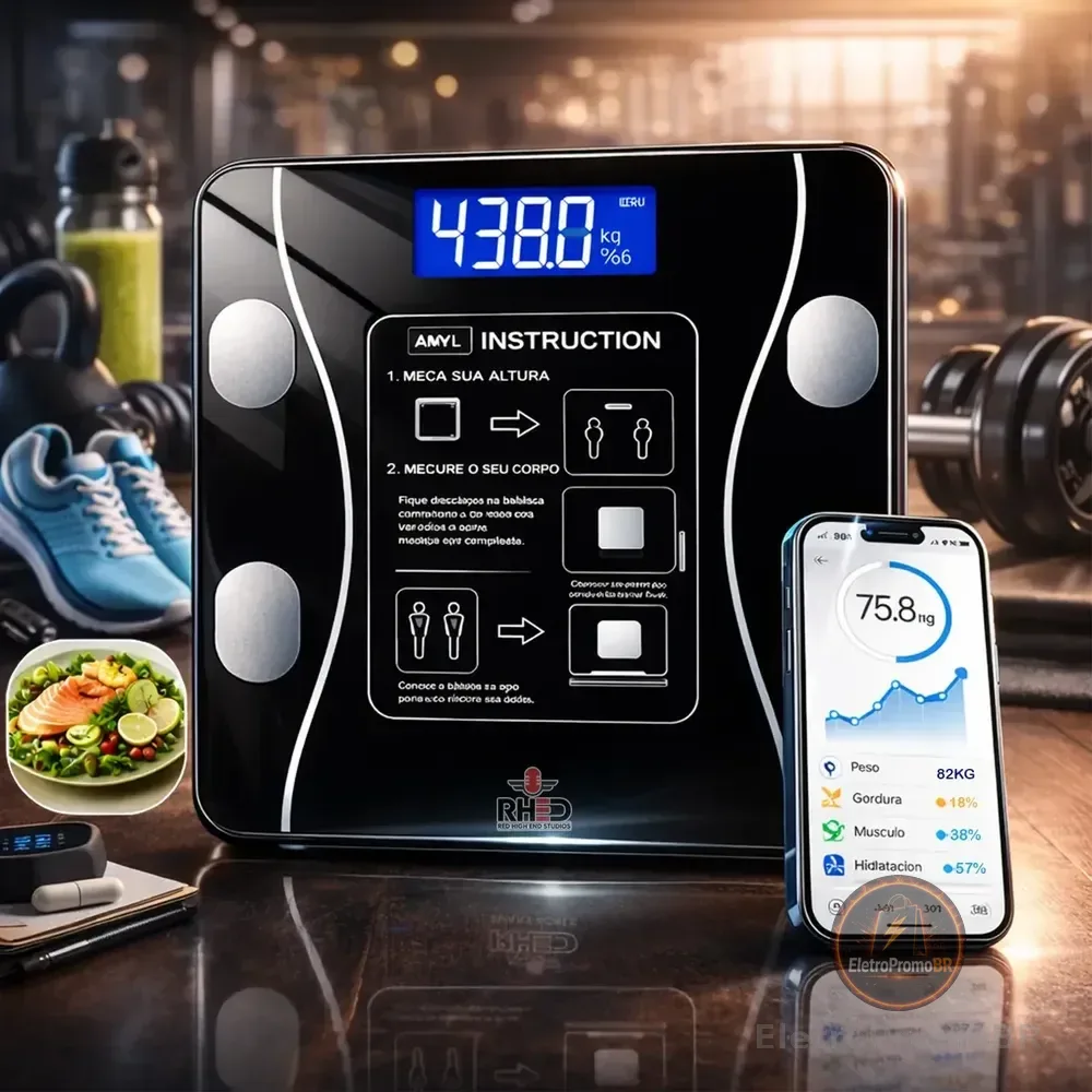 Balança Digital Bioimpedância Profissional Smart Imc 180kg Bluetooth Corporal Aparelho Alta Capacidade Aplicativo App Para Android E Para Ios Balança De Banheiro Academia Preto 3v