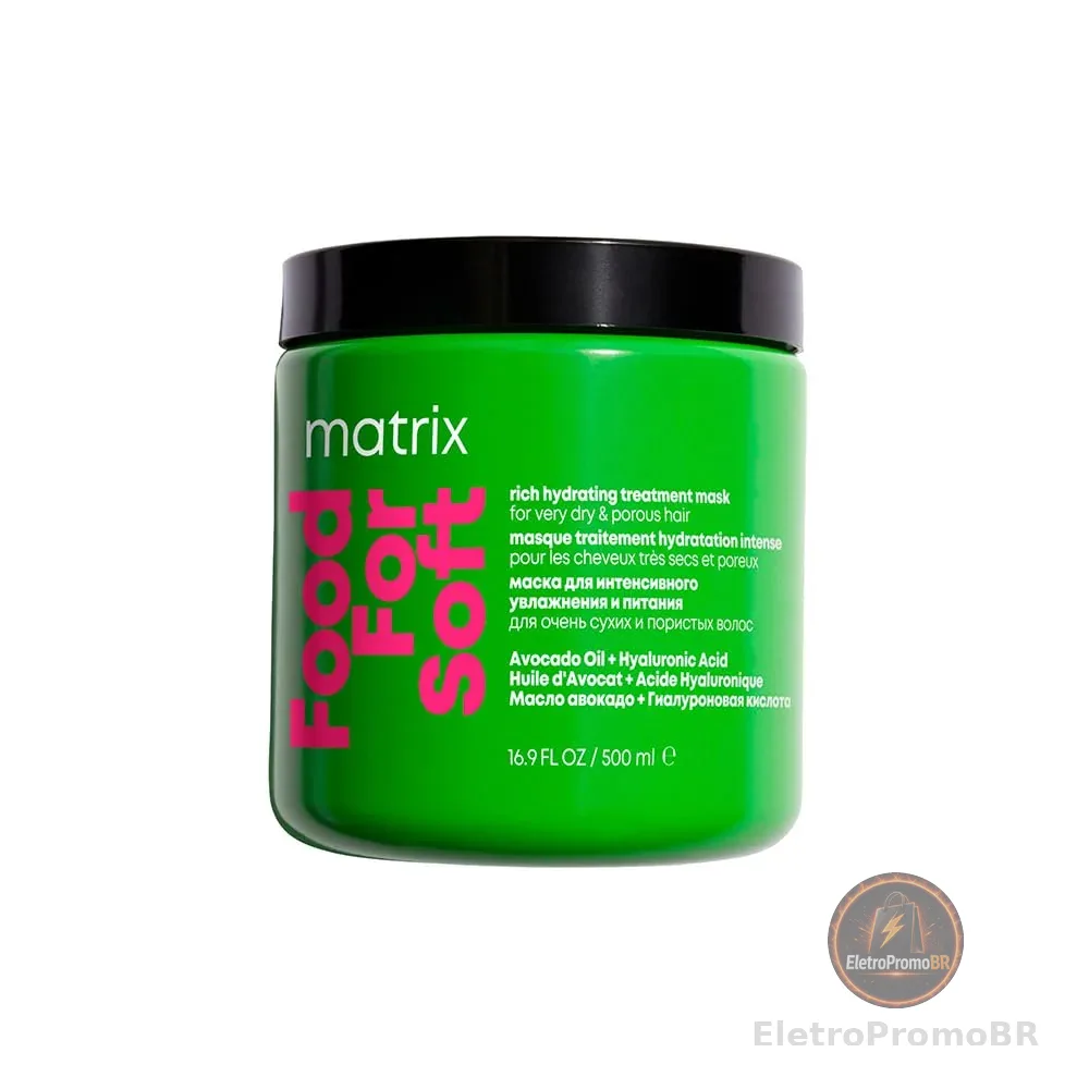 Matrix Food For Soft Máscara Capilar Hidratante, Com Ácido Hialurônico e Óleo de Abacate, Hidratação Profunda, Brilho e Maciez, Fórmula Vegana, Para Cabelos Secos, 500ml