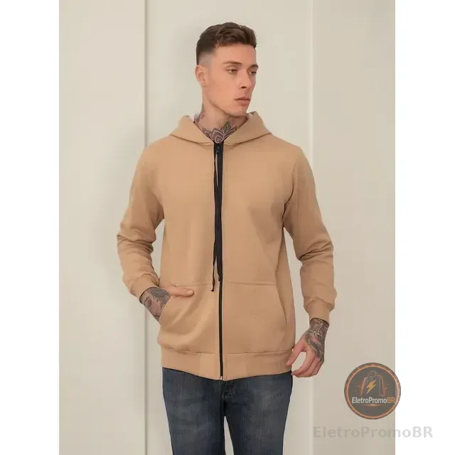 Moletom Masculino Com Capuz E Bolso Fechamento Em Zíper