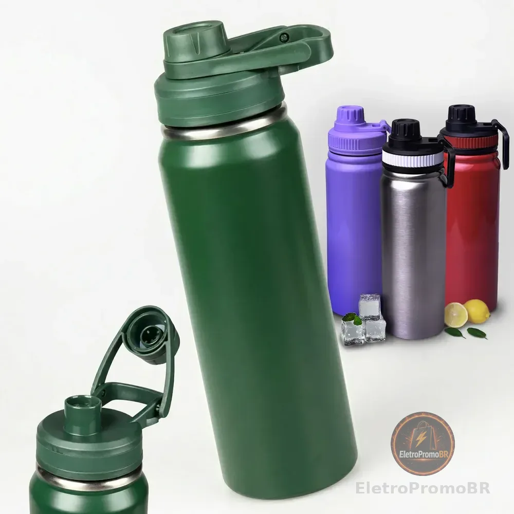 Garrafa 800ml Térmica Inox Academia Esportiva Água Gelada Verde Militar