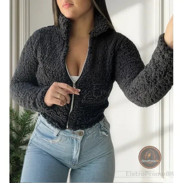 Jaqueta Feminina Pelo Sintético Teddy Sherpa Zíper Inverno