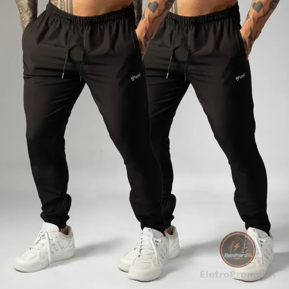 Kit 2 Calças Jogger Tactel Com Elastano Masculina Esportiva Preto E Preto Basico M