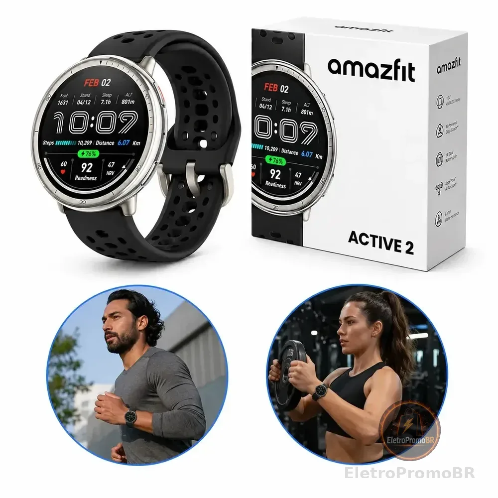 Relógio Smartwatch Familar Amazfit Active 2 Preto Original Gps Alexa Relógio Inteligente Unissex Esporte Prova D'água Academia Corrida Bluetooth Monitor Cardíaco Notificações Bateria Longa Lançamento