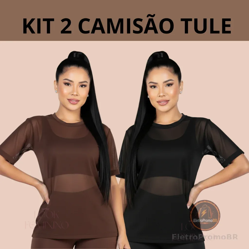 Kit 2 Blusa de Tule Feminina Academia Blusão Transparente Manga Curta Treino Basica Dia a Dia Casual Fitness