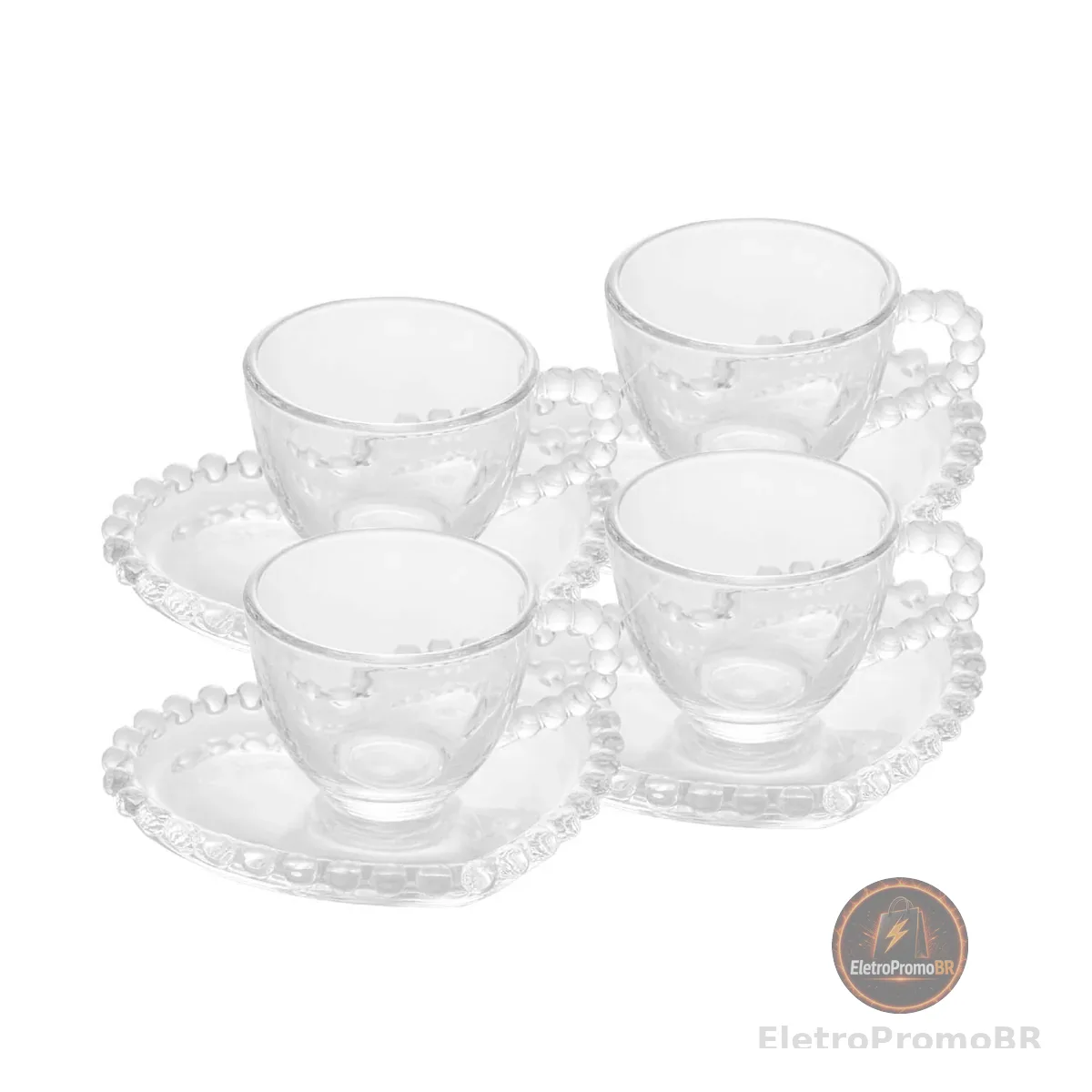 WOLFF - Conjunto 4 Xícaras de Café de Cristal com Pires Coração 85ml - Linha Pearl