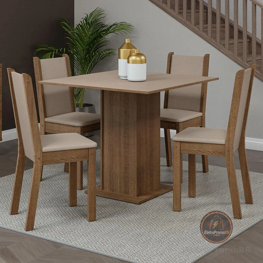 Conjunto Sala de Jantar Mesa Tampo de Madeira 4 Cadeiras Rustic/Crema/Sintético Bege Briana Madesa