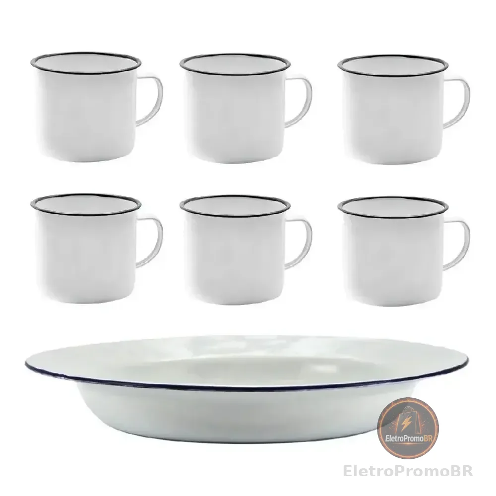 Kit 6 Pratos E 6 Canecas Esmaltados Brancos Alumínio Yazi Branco
