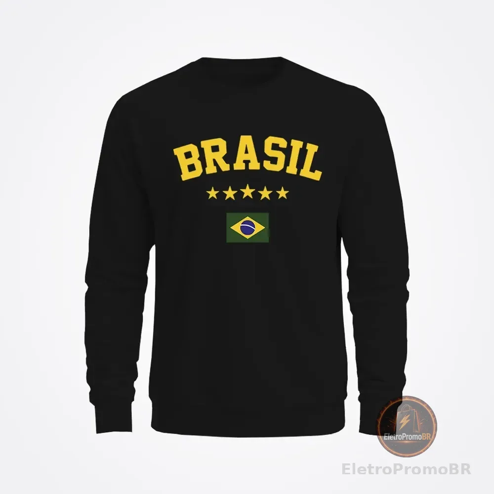 Moletom Gola Redonda Algodão Brasil Copa Estrelas Torcida G Preto
