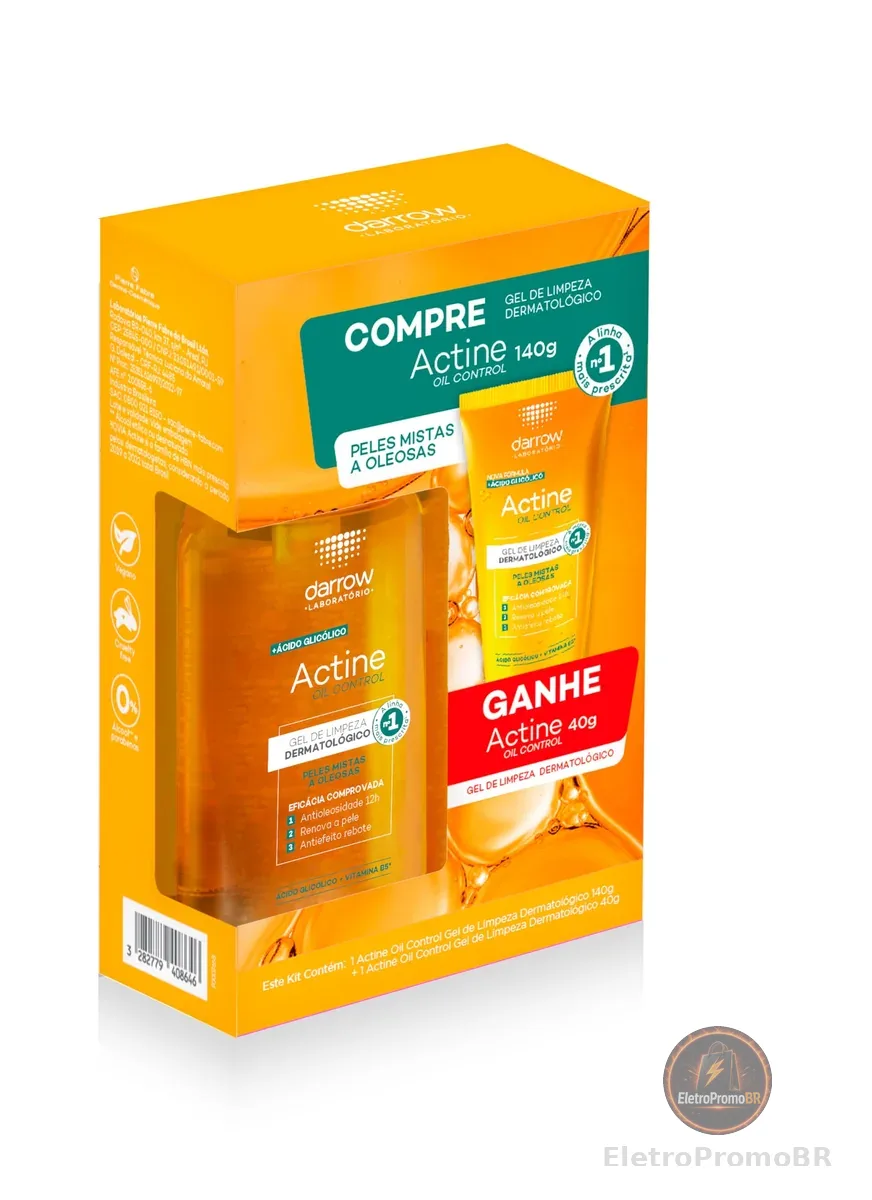 Darrow Actine Oil Control Kit Gel de Limpeza Dermatológico Facial com Ácido Glicólico e Vitamina B5 que Controla Oleosidade sem efeito rebote, Renova a Pele e Reduz Poros, 140g + 40g