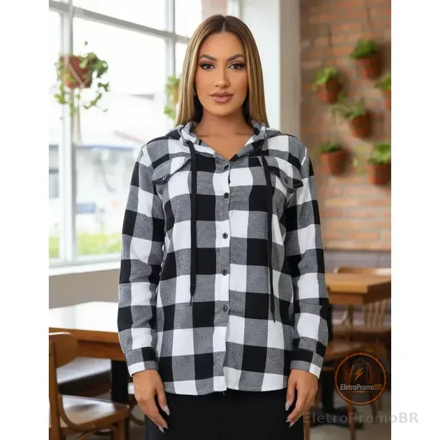 Camisa Xadrez Blusa Country Flanelada Moda Feminina C/ Touca