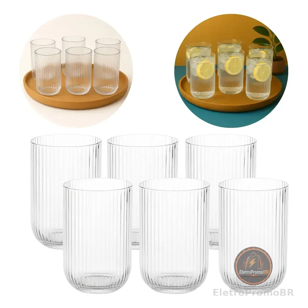 Jogo 6 Copos De Vidro Canelado Cameratta Agua Suco 420ml Transparente