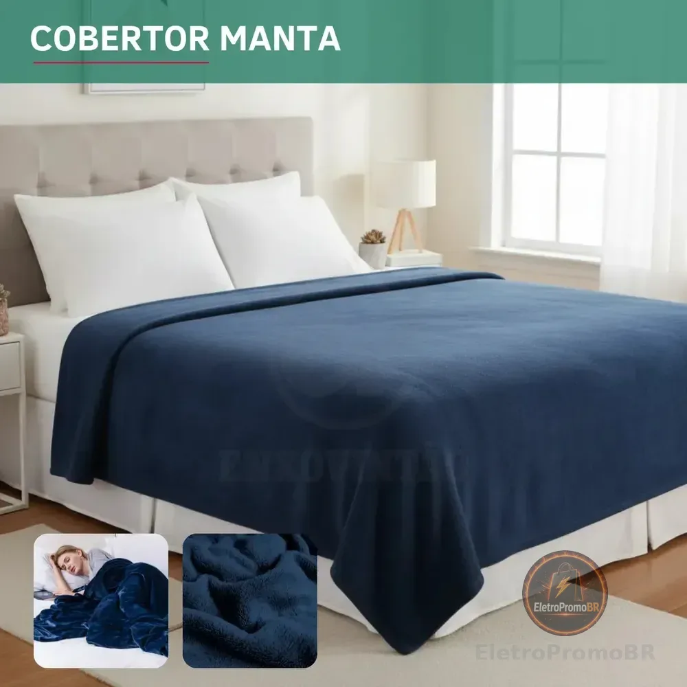 Cobertor Manta Soft Casal Microfibra Antialérgica Veludo Super Quentinha Toque Macio E Confortável Cor Azul Marinho Liso