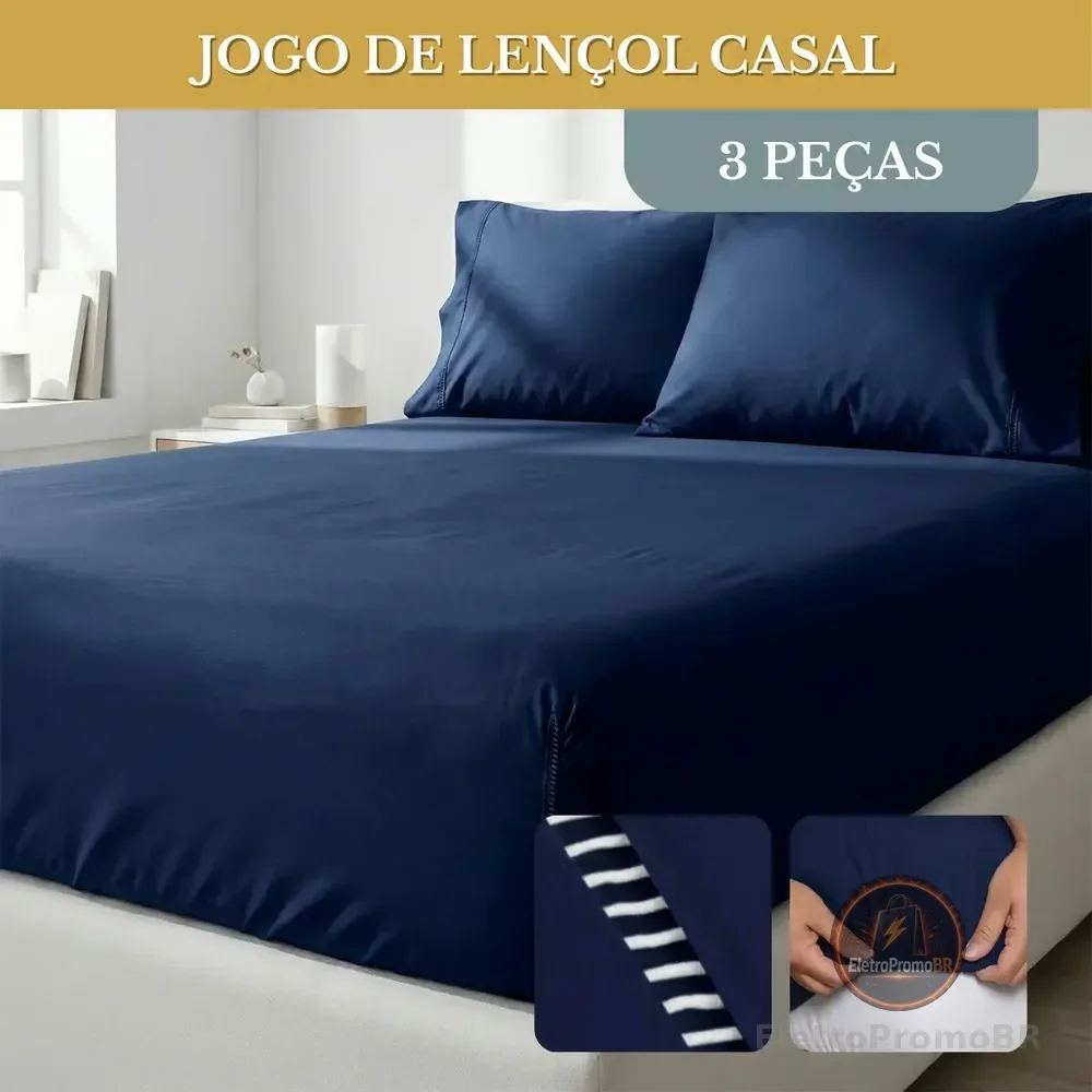 Jogo De Lençol Casal 3 Peças 400 Fios Micropercal Azul-marinho Elástico Liso
