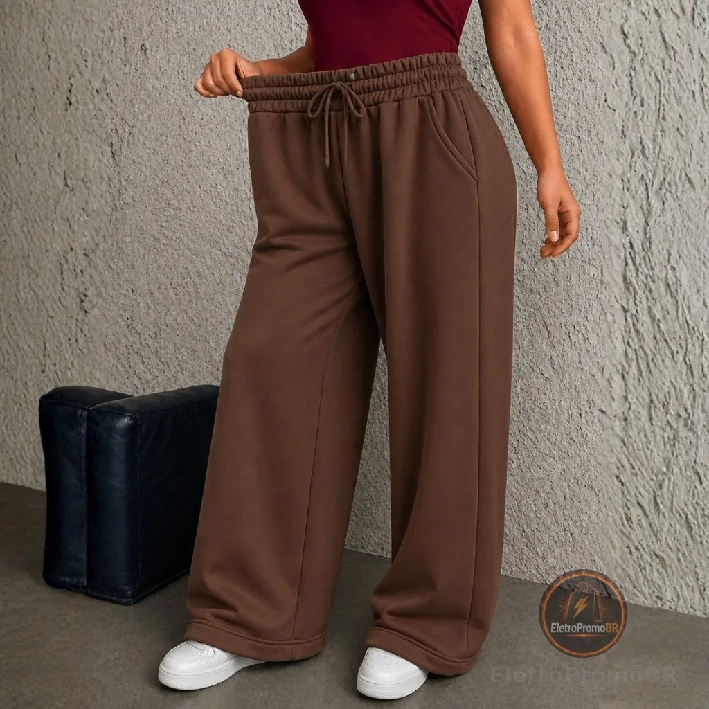 Calça Moletom Pantalona Feminina Wide Leg Cintura Alta Moda Conforto