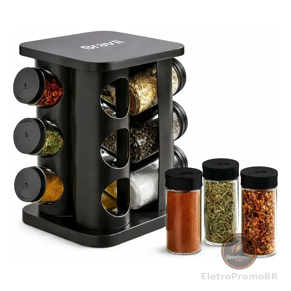 Porta Temperos Condimentos Giratório Kit 12 Potes De Vidro Com Tampa Dosadora 3 Regulagens Preto Quadrado Bravli