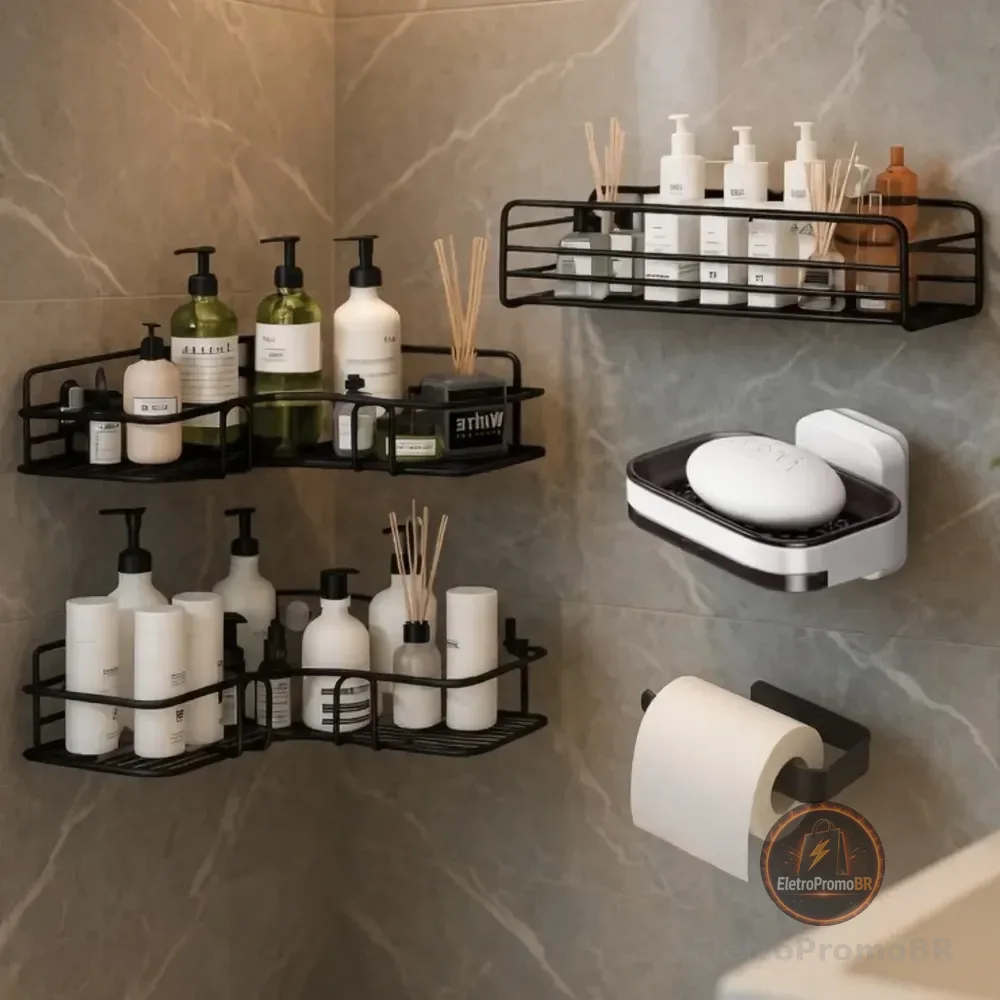 Kit 5 Prateleira Banheiro Suporte Porta Shampoo E Sabonete Preto