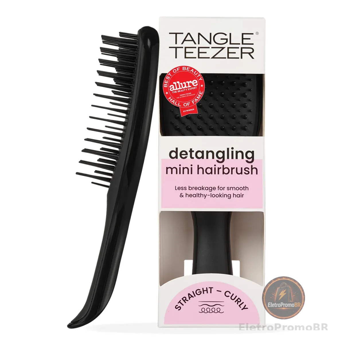 Escova de cabelo desembaraçadora The Mini Ultimate Detangler para todos os tipos de cabelo, ideal para o uso em fios úmidos. Cor: Preta
