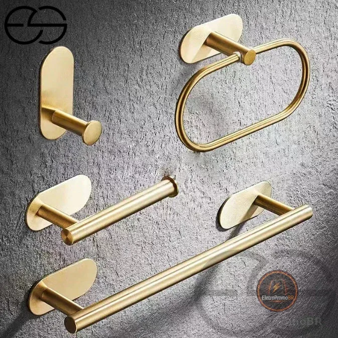 Kit Acessórios Banheiro Cabide Toalheiros Papeleira 4 Peças Dourado ES
