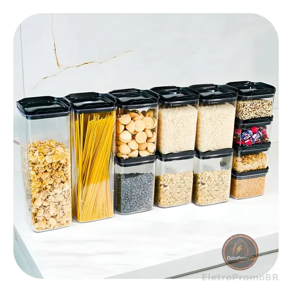 Kit 12 Potes Herméticos Porta Mantimentos Quadrado Cozinha Cor Preto