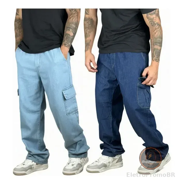 Kit 2 Calça Cargo Jeans Premium Larga Streer Over