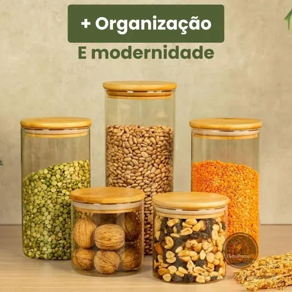 Pote de Vidro Hermético Transparente Kit 5 Potes Tampa Bambu