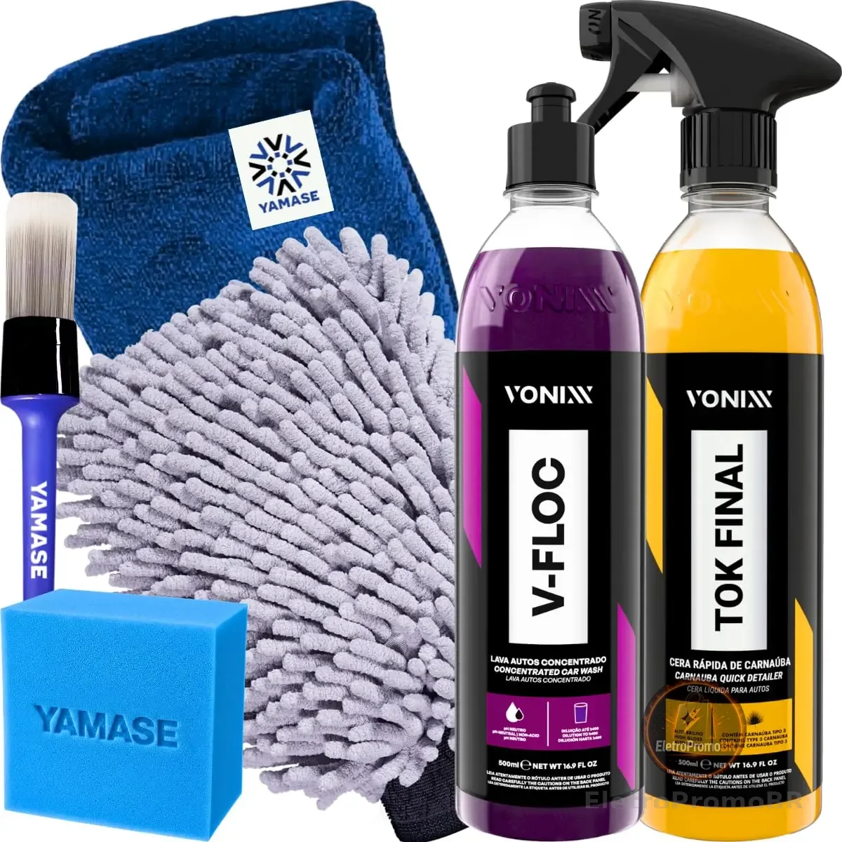 Kit V-Floc Shampoo Neutro Super Concentrado Automotivo + Cera Liquida Protetora Tok Final Vonixx Luva Pano Microfibra