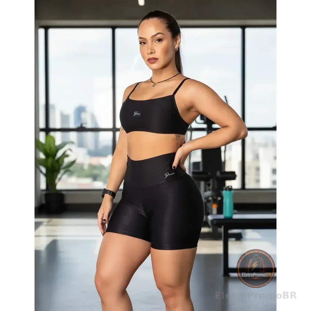 Diasp Conjunto Fitness Feminino Canelado Brilho Academia Preto G