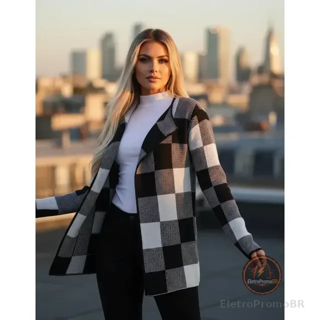 Casaco Xadrez Tricô Cardigan Inverno Manga Longa Feminino
