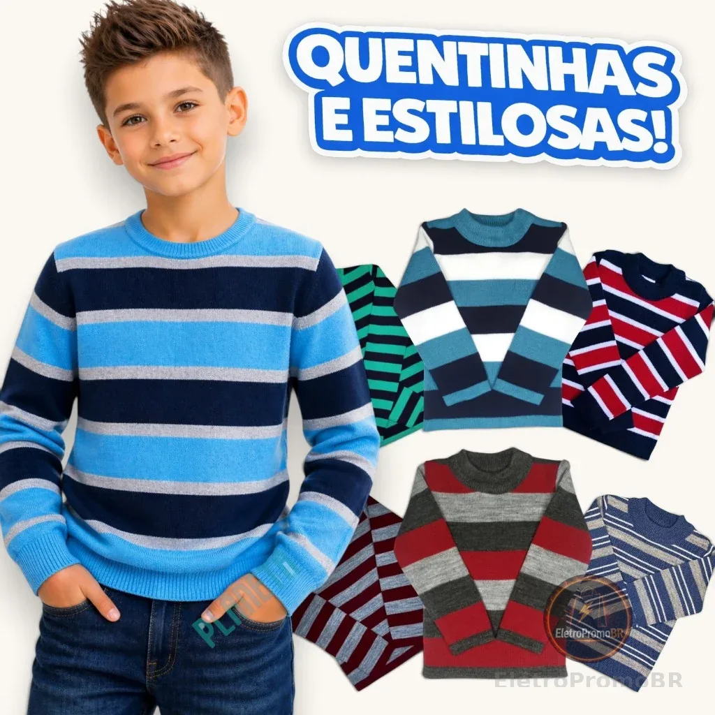 Kit 3 Blusas de Tricot Infantil Juvenil Menino em Lã Inverno