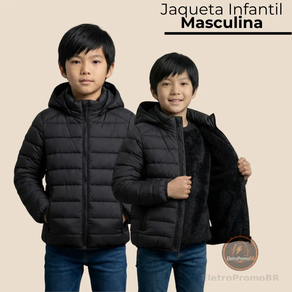 Jaqueta Puffer Infantil Masculino Pelinhos e Touca Inverno Frio Intenso