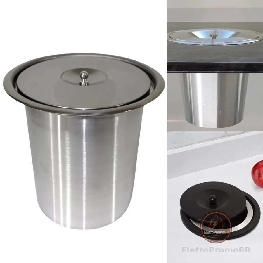 Lixeira de Embutir Inox Cesto De Lixo Embutir Bancada Granito Cozinha - 3 Litros 5 Litros 8 Litros