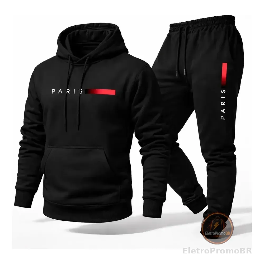 Conjunto Moletom Calça Unissex Paris Canguru Casaco Frio M Preto