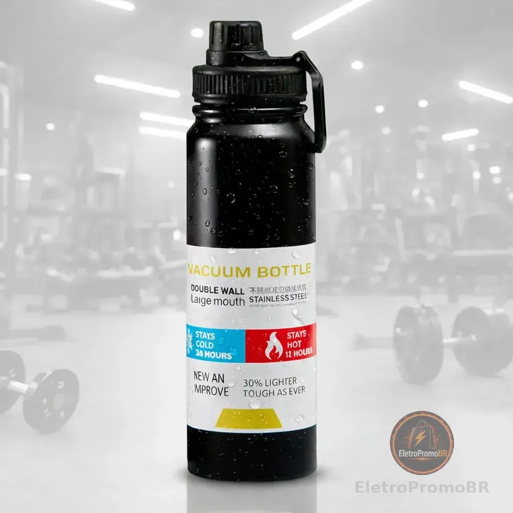 Garrafa Térmica 800ml De Inox Com Parede Dupla E Alça Para Água, Café Preto