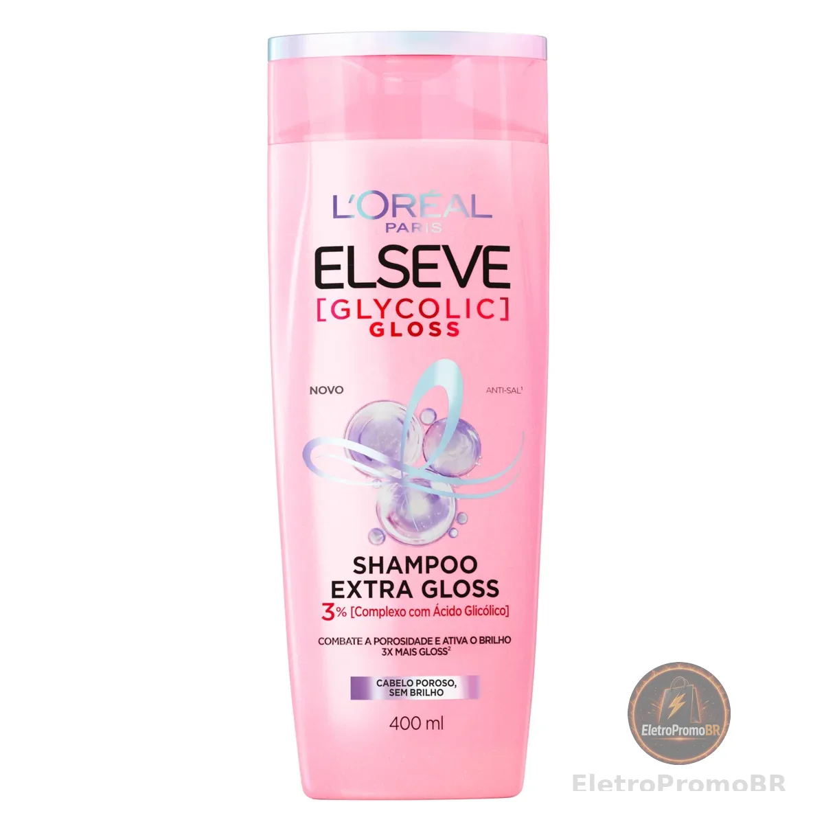 L'Oréal Paris Elseve Glycolic Gloss Shampoo Extra Gloss, Fórmula com pH Ácido e Ácido Glicólico, Limpeza Profunda e Combate a Porosidade dos Fios, 400ml