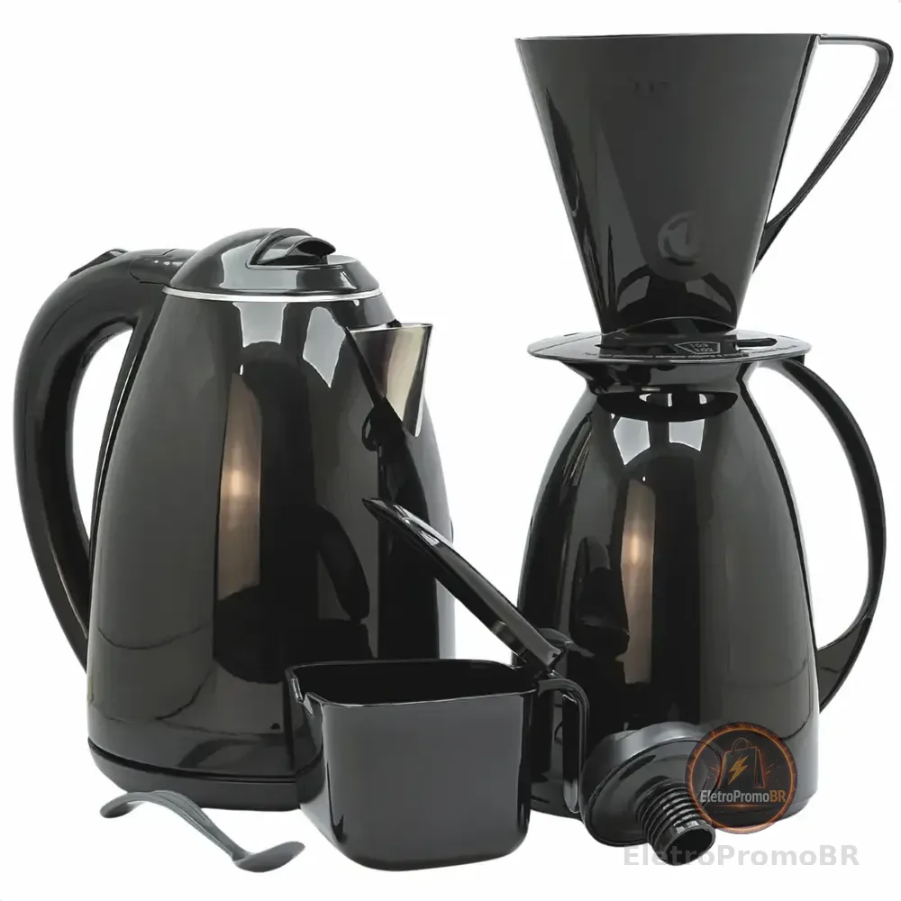 Kit Chaleira Elétrica Garrafa Térmica Com Açucareiro Filtro Preto 220v